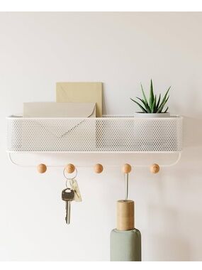 UMBRA Wall-Mounted White Metal Organizer Shelf, Wooden Hooks, Keys Entry Estique